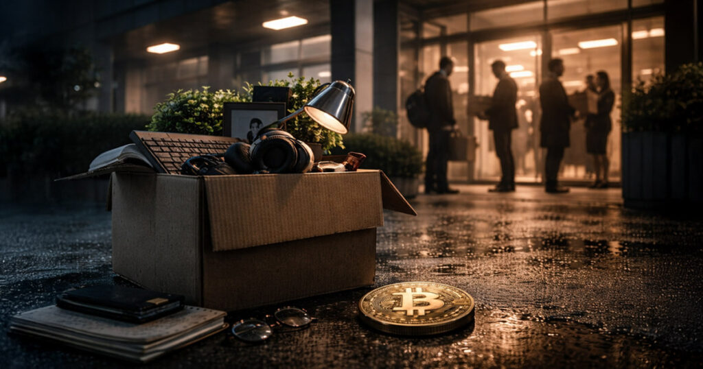 Cardboard box of office belongings outside a tech building with a Bitcoin coin on wet pavement, reflecting AI layoff fears and macroeconomic pressure on crypto markets