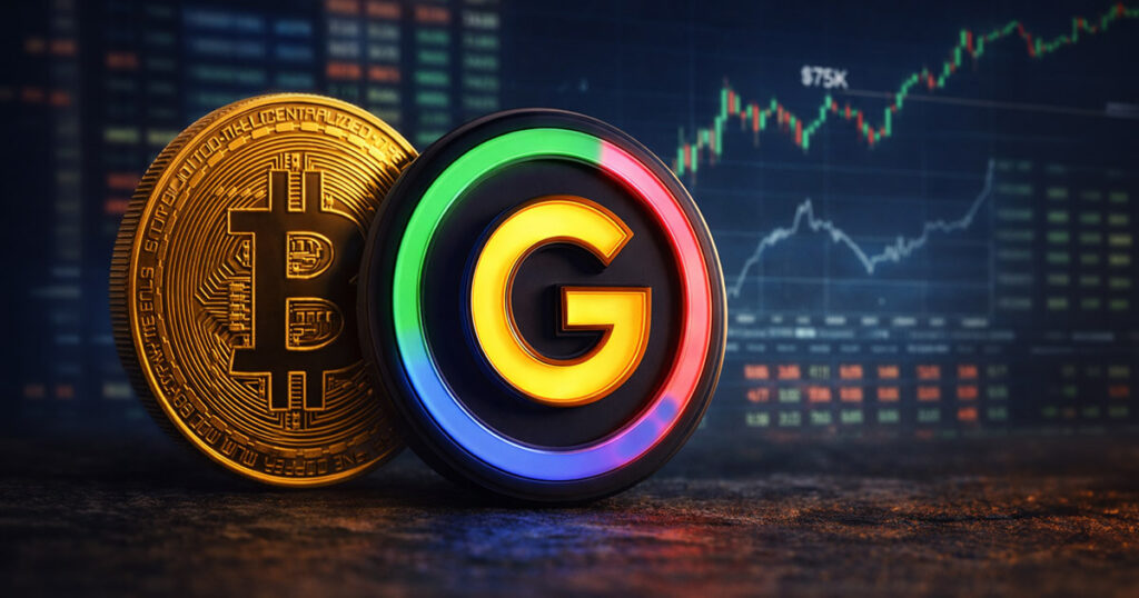 Close-up of a gold Bitcoin coin beside a glossy black G Coin featuring a glowing multicolor “G” emblem, set in front of a blurred trading screen with rising market charts and a visible $75K marker.