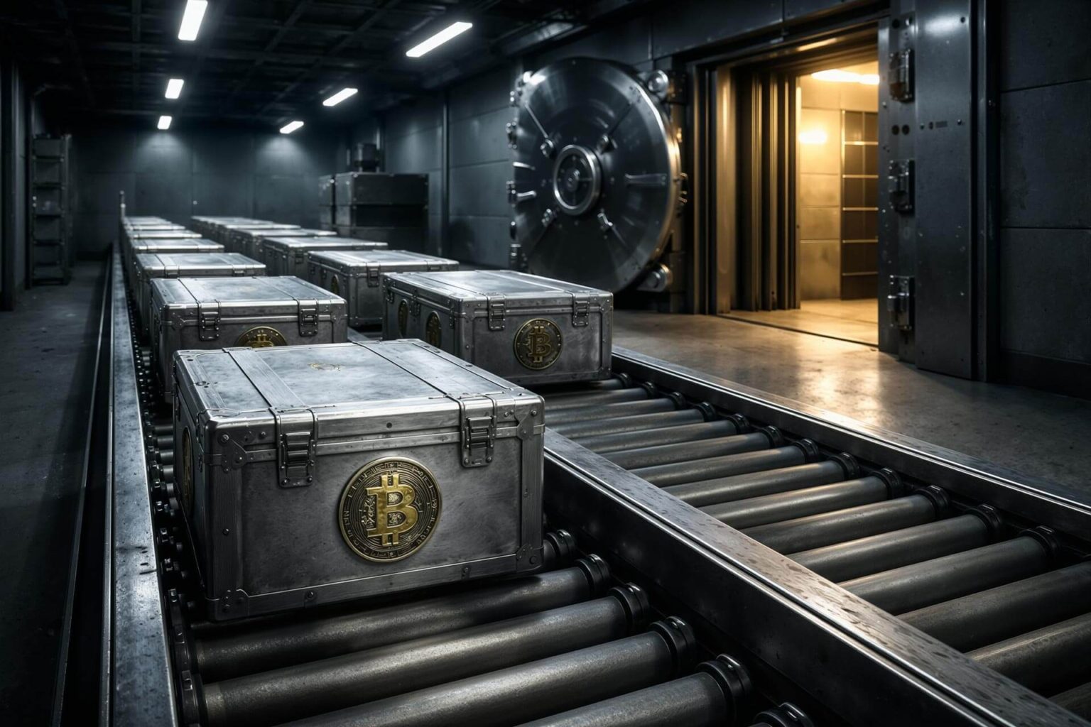 Bitcoin storage crates moving into a vault as Strategy shoulders most of a slowing $100 billion corporate Bitcoin bet