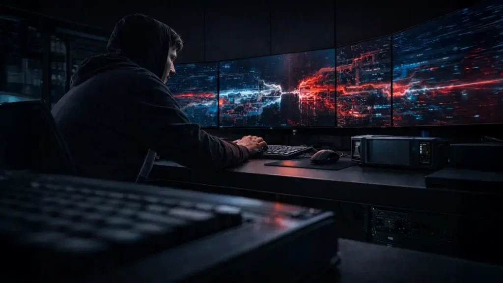 Hooded operator at a dark workstation monitoring a red digital breach across wide screens, reflecting a major DeFi exploit that triggered bank-run-style withdrawals from the market