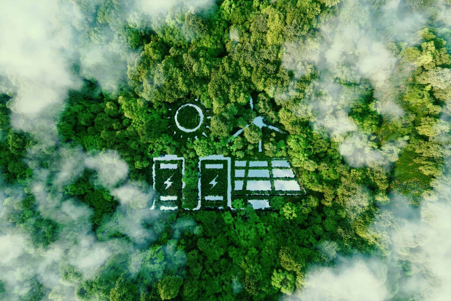 1 Canadian Dividend Stock Down 12% to Buy and Hold Forever A lake in the shape of a solar, wind and energy storage system in the middle of a lush forest as a metaphor for the concept of clean and organic renewable energy.